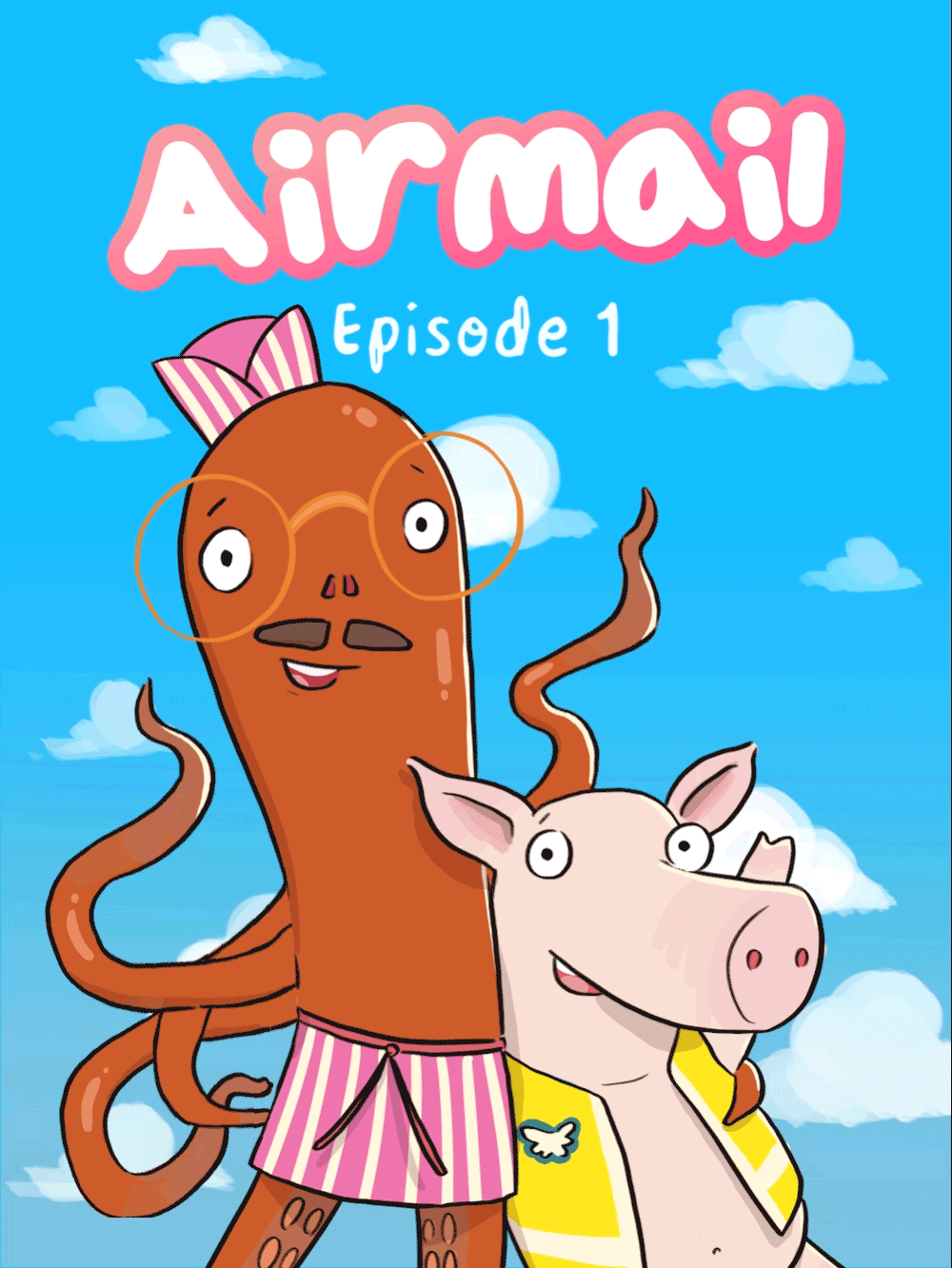 A brown octopus wearing a pink and white apron around his waist and a pink pig wearing a yellow jacket are waving in front of a blue sky with white clouds.