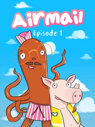A brown octopus wearing a pink and white apron around his waist and a pink pig wearing a yellow jacket are waving in front of a blue sky with white clouds.