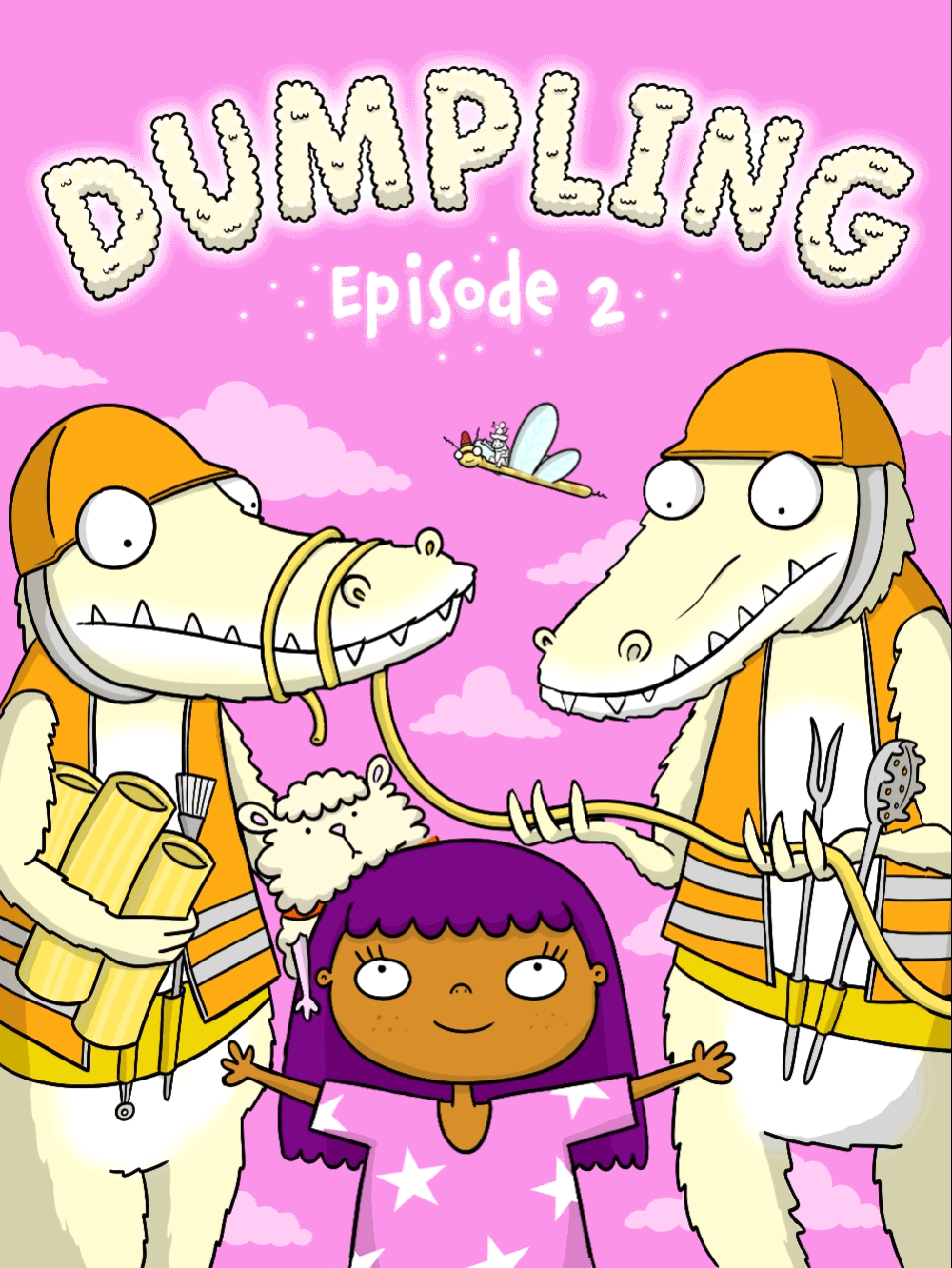 Dumpling Episode 2 Spaghetti Bridge Animated Cover. Two yellow Crocodiles with orange helmets look down at Bonnie and Dumpling.