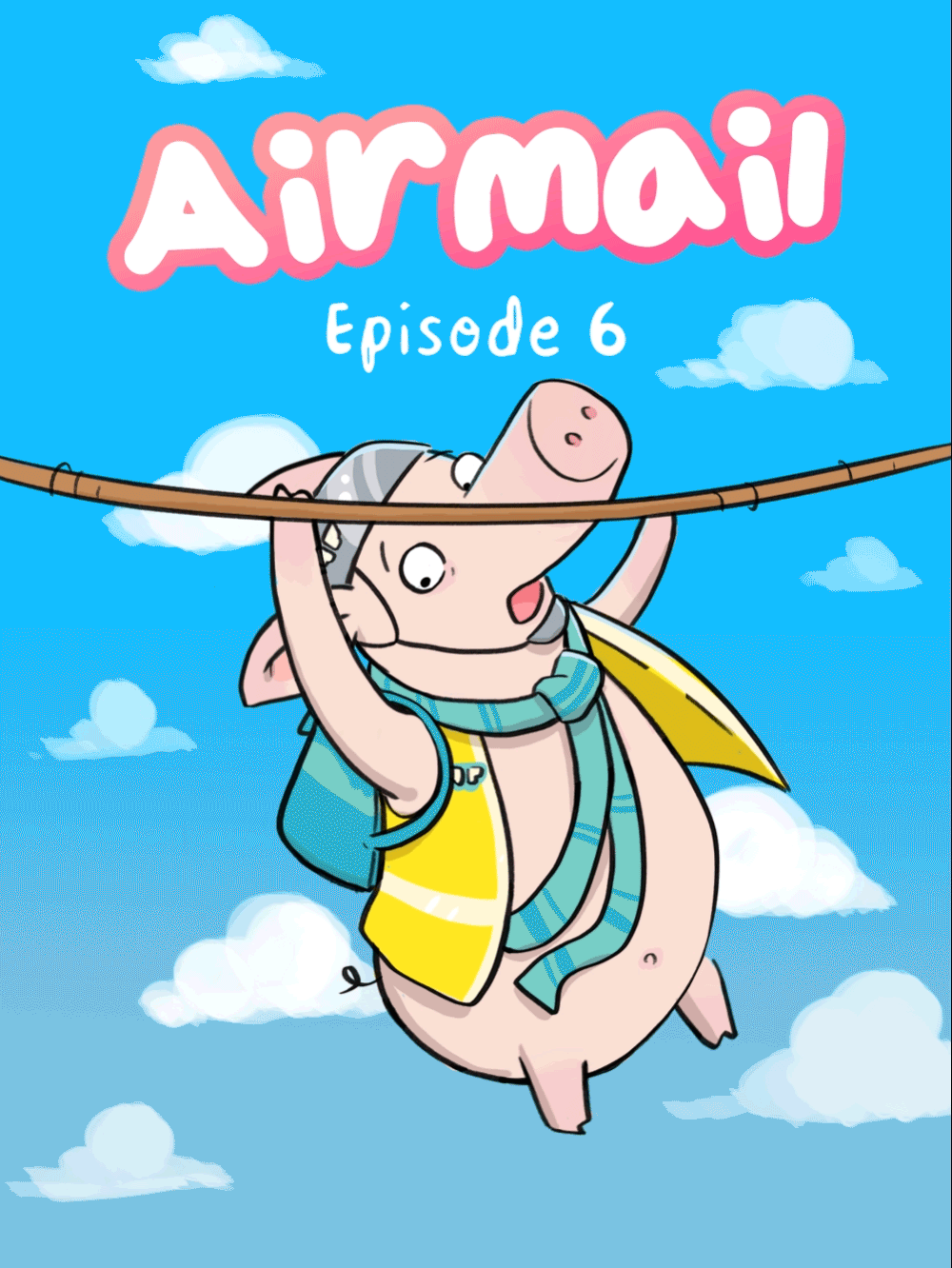 Airmail Episode 6 Tight Rope Animated Cover. Solly hangs off a rope looking scared.