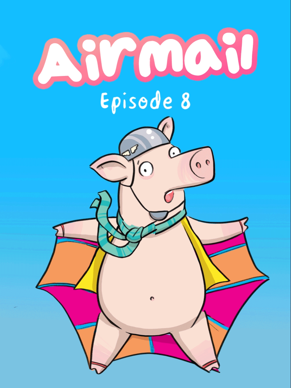 Airmail Episode 8 Flying Squirrel Cape Animated Cover. Solly the pig falls through the air. He is wearing a parachute.