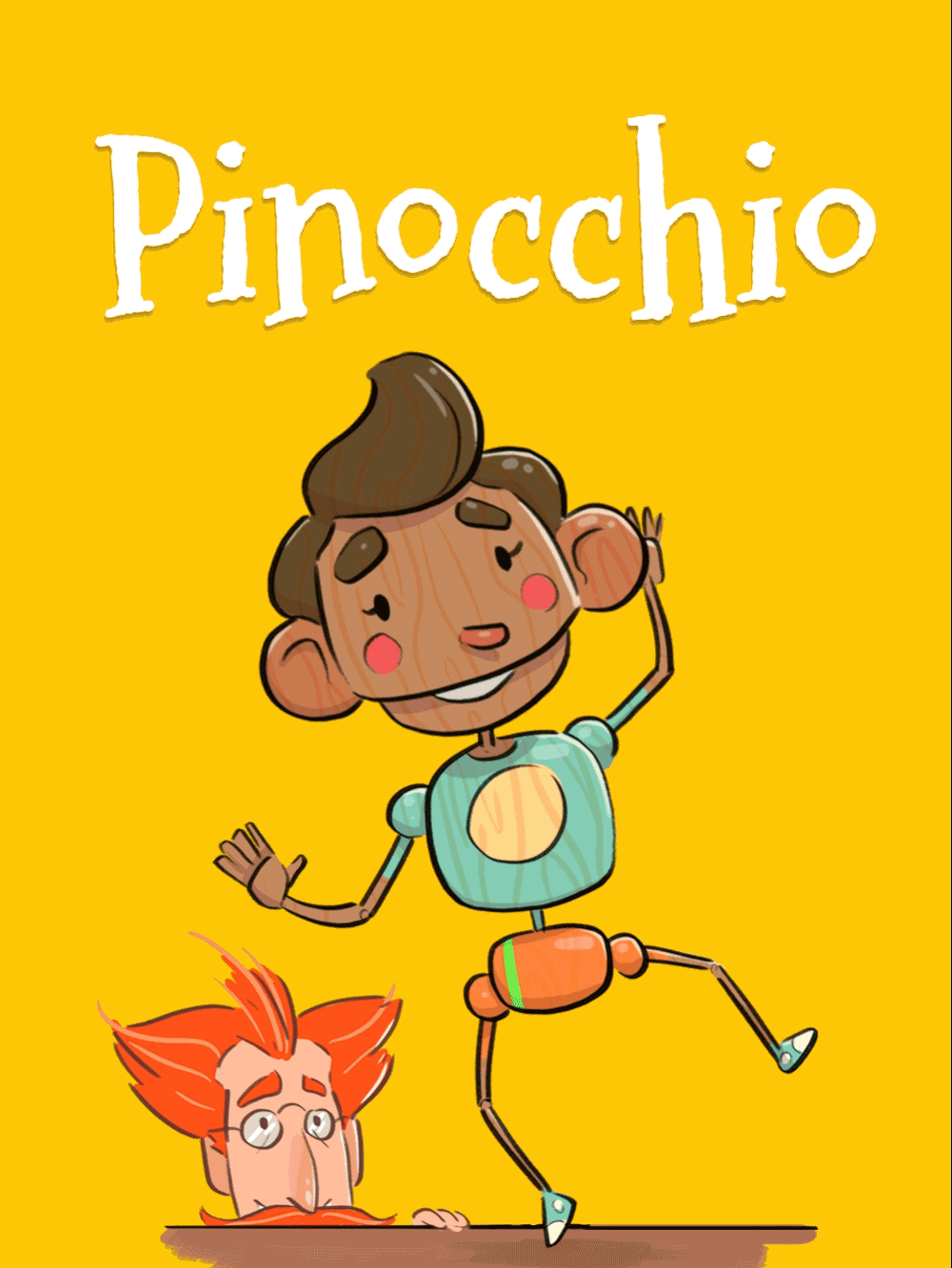 Pinocchio is standing on a table, balancing on one leg, waving, while Geppetto is peeking his head above the table top.