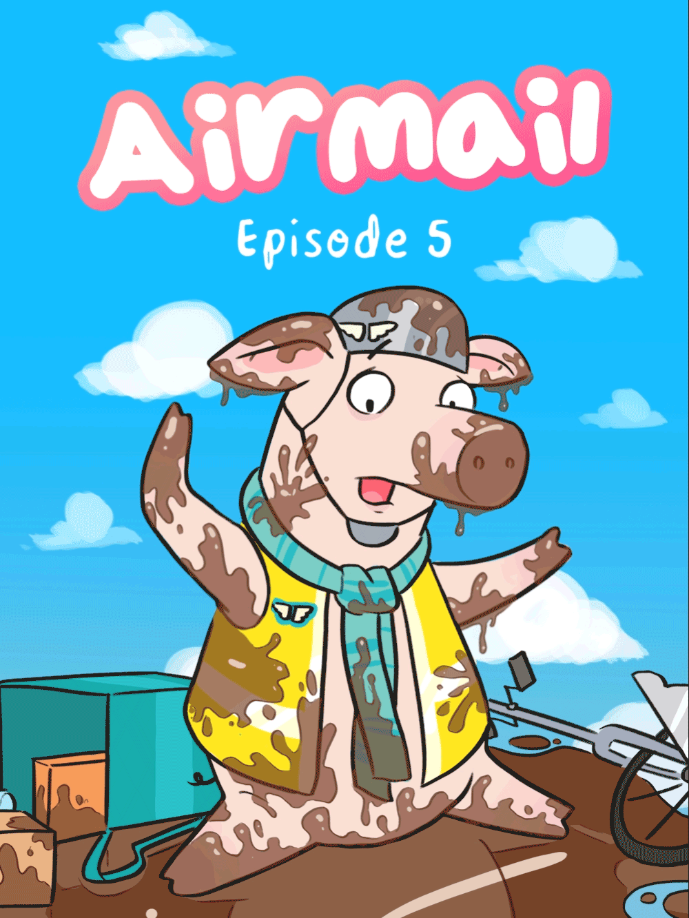 Airmail Episode 5 Wish Upon A Starling Animated Cover. Solly is sat in a puddle of brown liquid and covered head to toe.