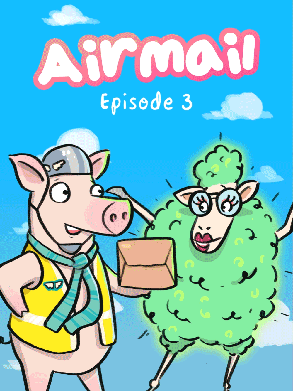 Airmail Episode 3 Sheep Salon Animated Cover. Solly shakes a package at a green glowing sheep in glasses.