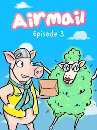 Airmail Episode 3 Sheep Salon Animated Cover. Solly shakes a package at a green glowing sheep in glasses.