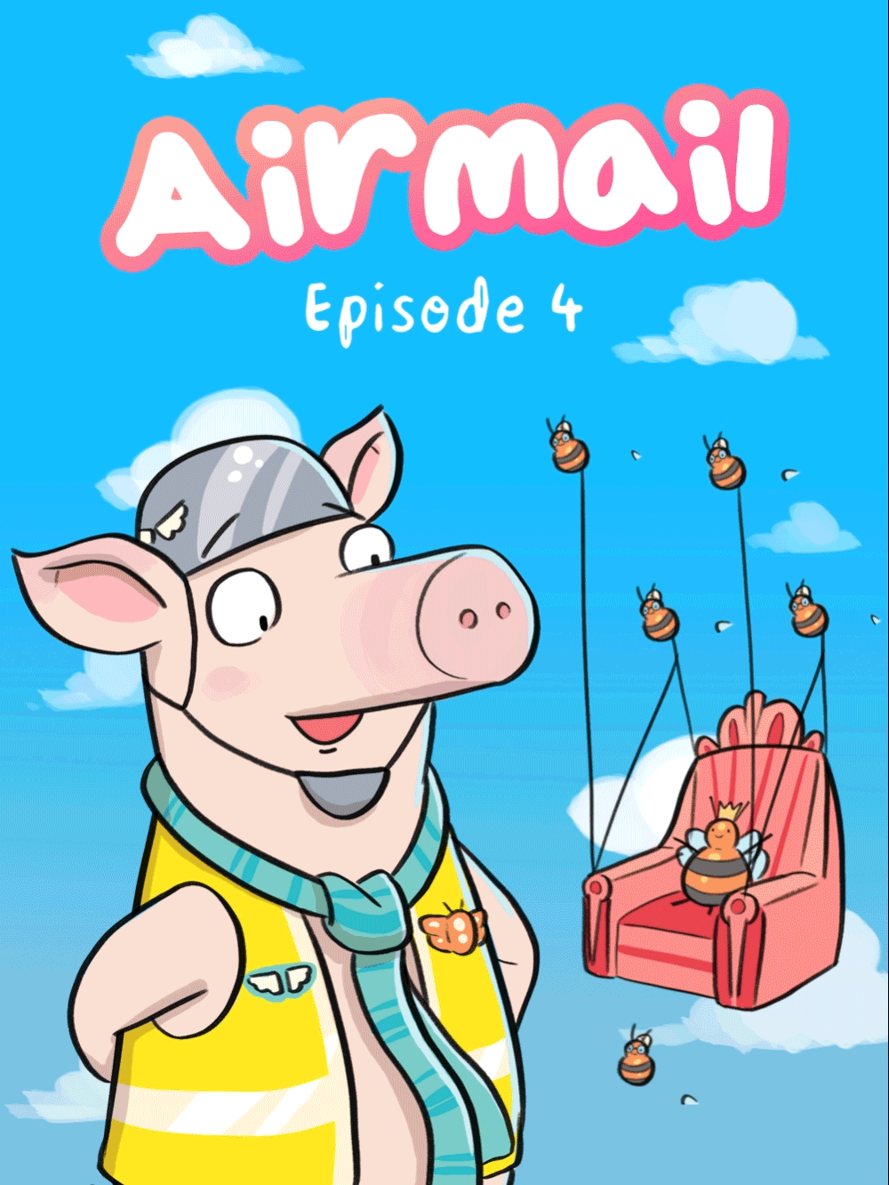 Airmail Episode 4 The Pollen Parcel Animated Cover. Bees are attached to a chair making it float as, Solly the pig watches.