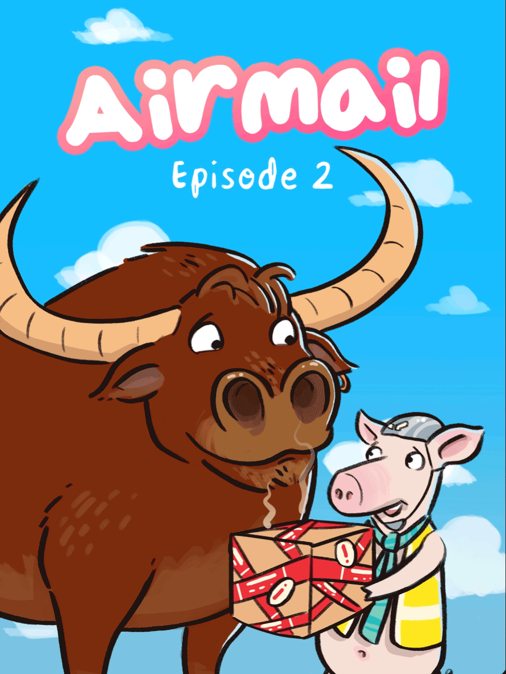 Airmail Episode 2 China Shop Animated Cover. A brown bull sniffs a package Solly the pig is holding.