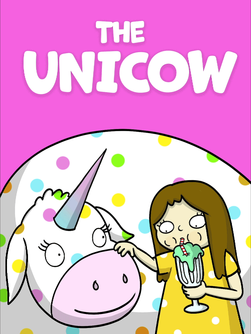 The Unicow licks their lips next to Sophia drinking a milkshake