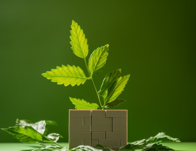 Green leave growing from LEGO block