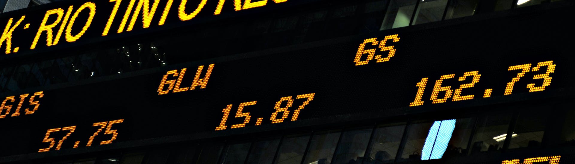 a stock market electronic board with tickers and prices
