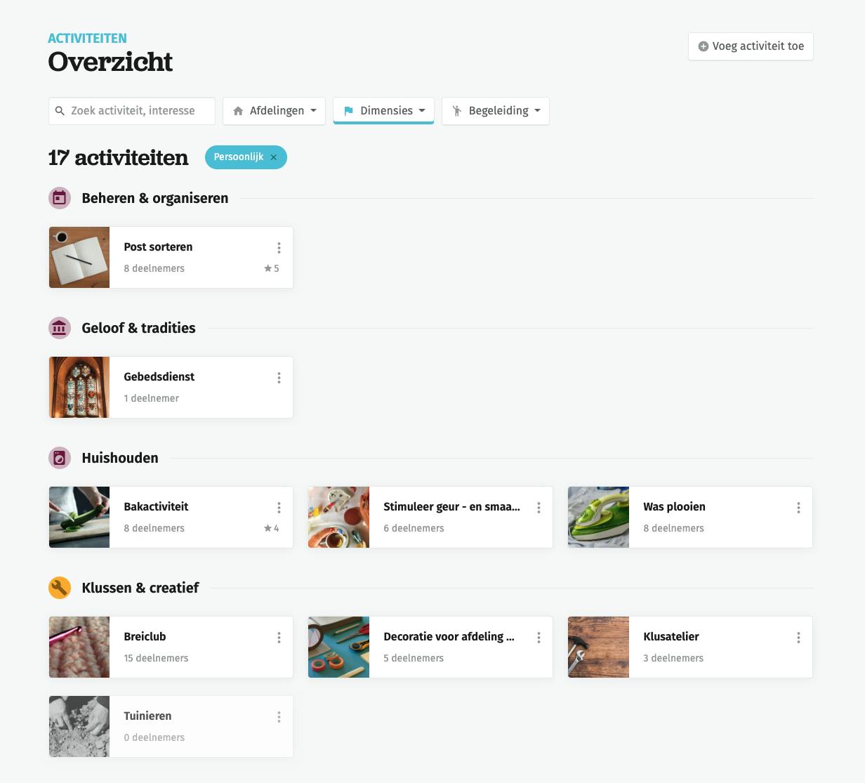 Overzicht van alle activiteiten met de persoonslijke dimensie