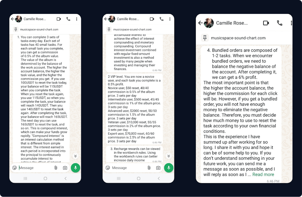 Camille Rose (impostor) reaching out for task scam