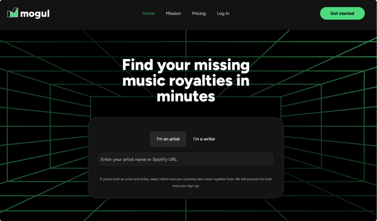 Landing page of Mogul, using Soundcharts' API Search Endpoint