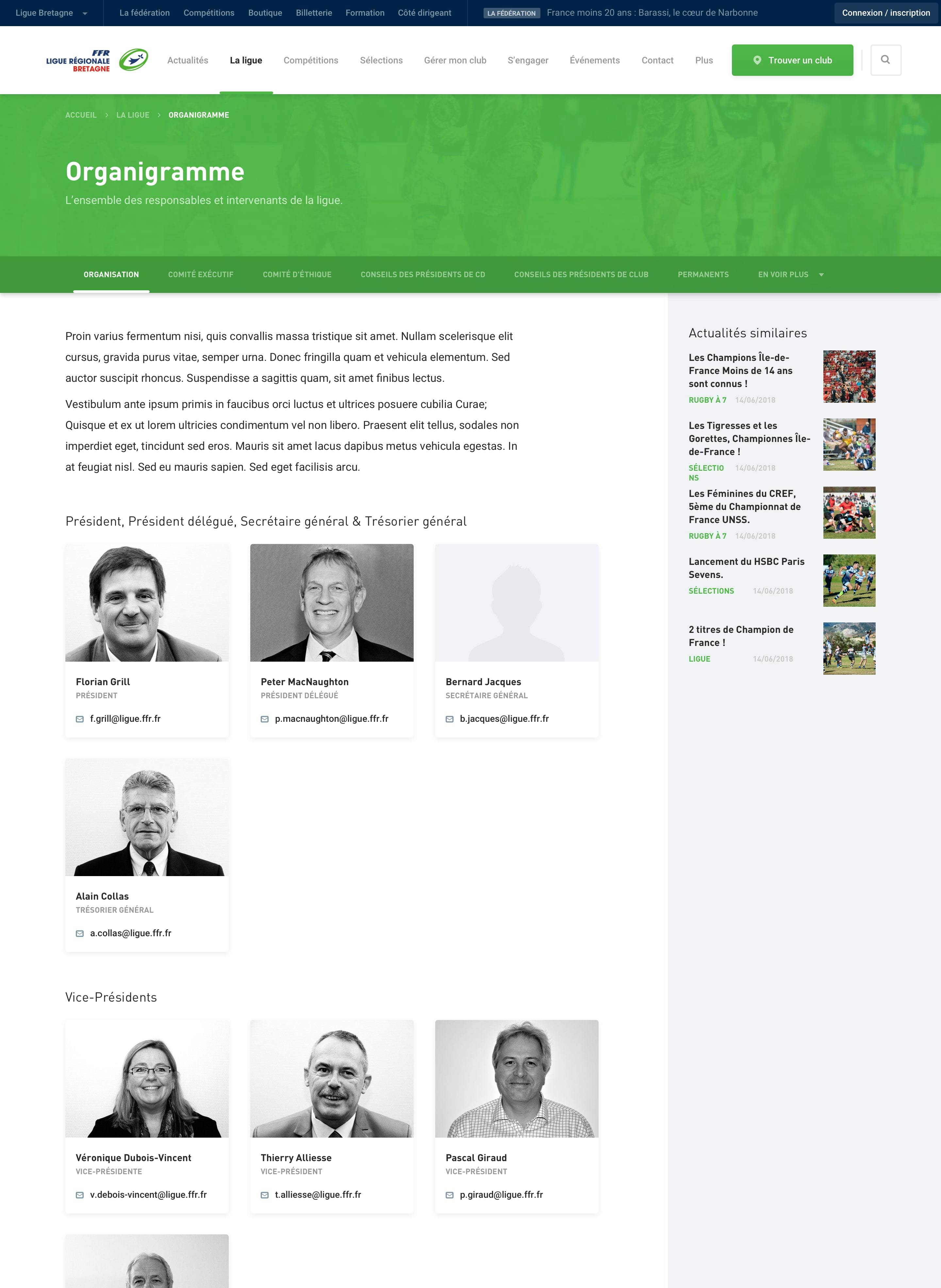 Design of websites for french rugby leagues