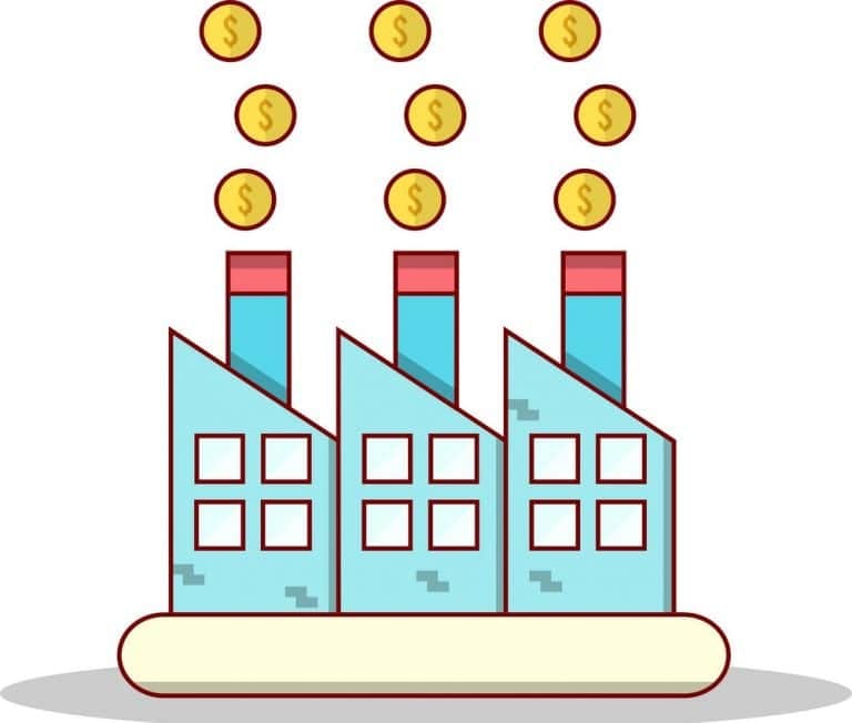 Graphic of a factory with dollar sign bubbles above