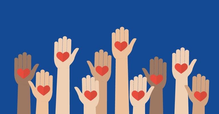 Graphic of raised hands with hearts on the palm