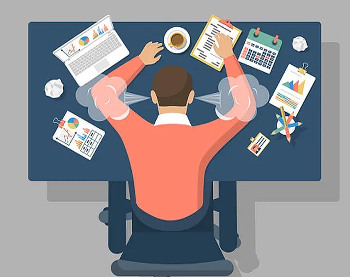 Graphic of a man over a desk with steam coming out of his ears