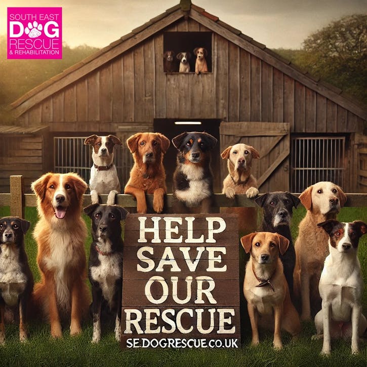 Save our rescue banner with dogs in front of a barn