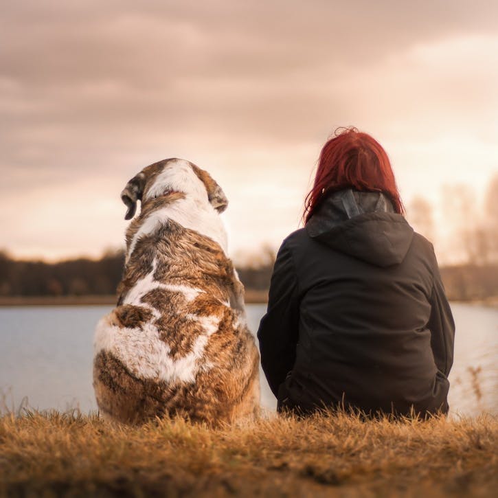 A woman and a dog sitting near a lake