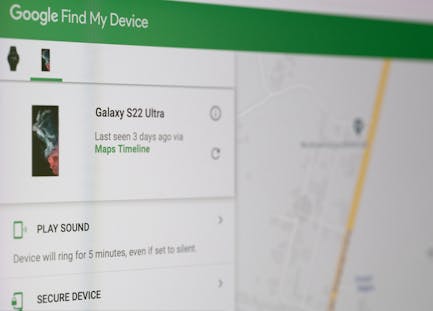 Google find my device application showing a lost Galaxy S22 Ultra 