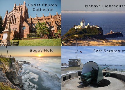 Cathedral, lighthouse, canon and coast