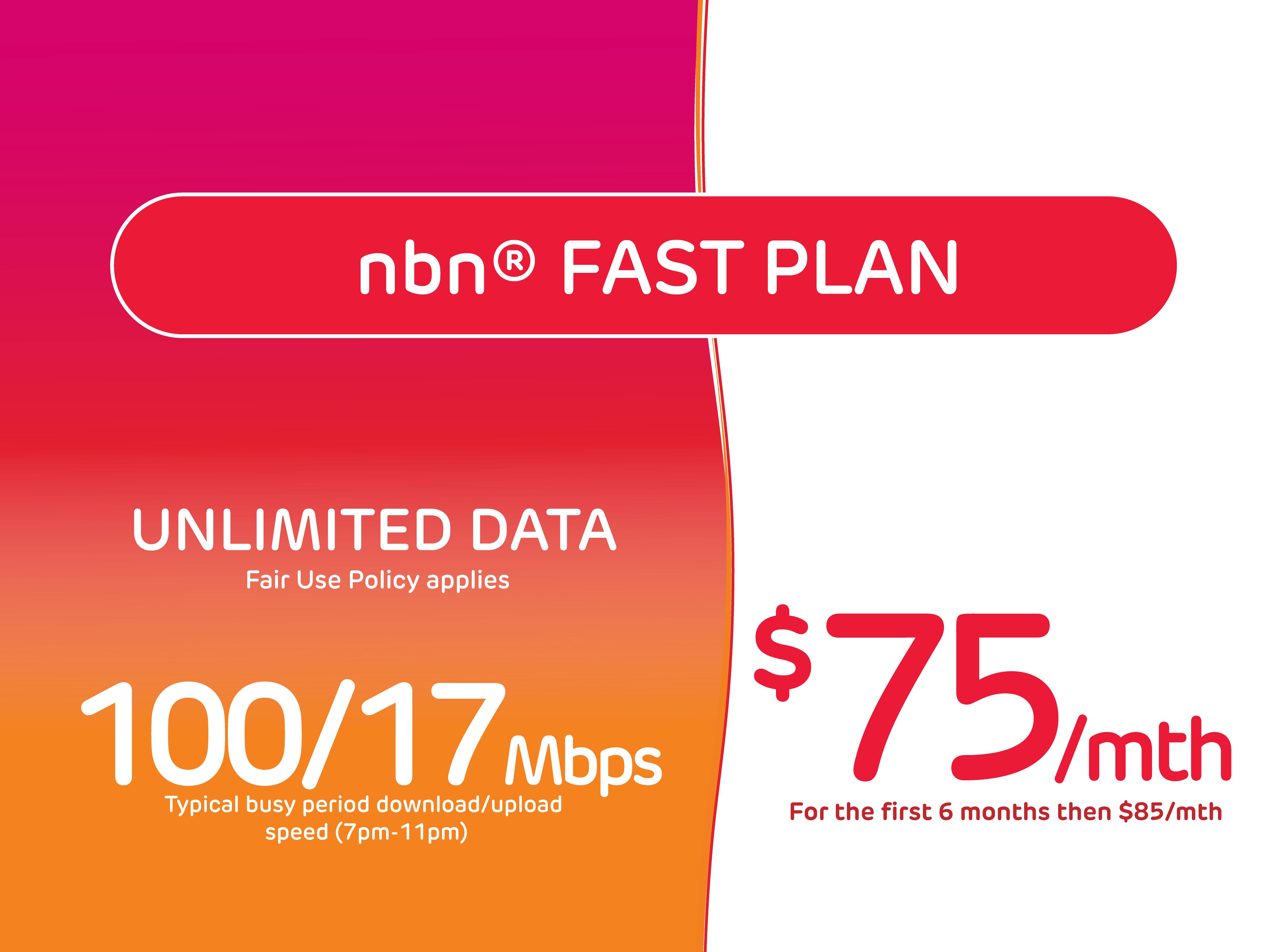 A coloured tile reading nbn fast Plan for $75/mth for the first 6 months. 