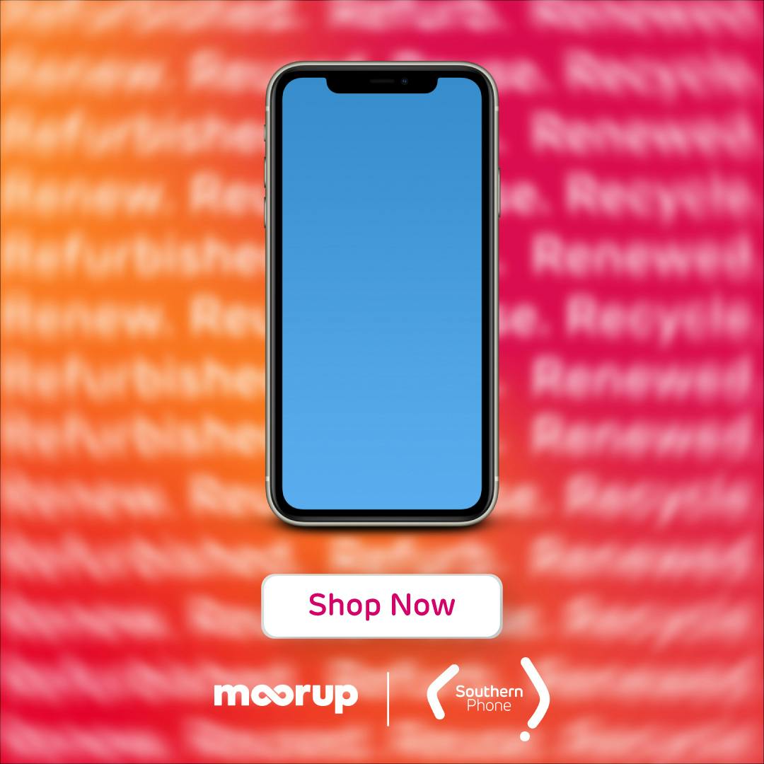iPhone on gradient background with Southern Phone & Moorup logos.
