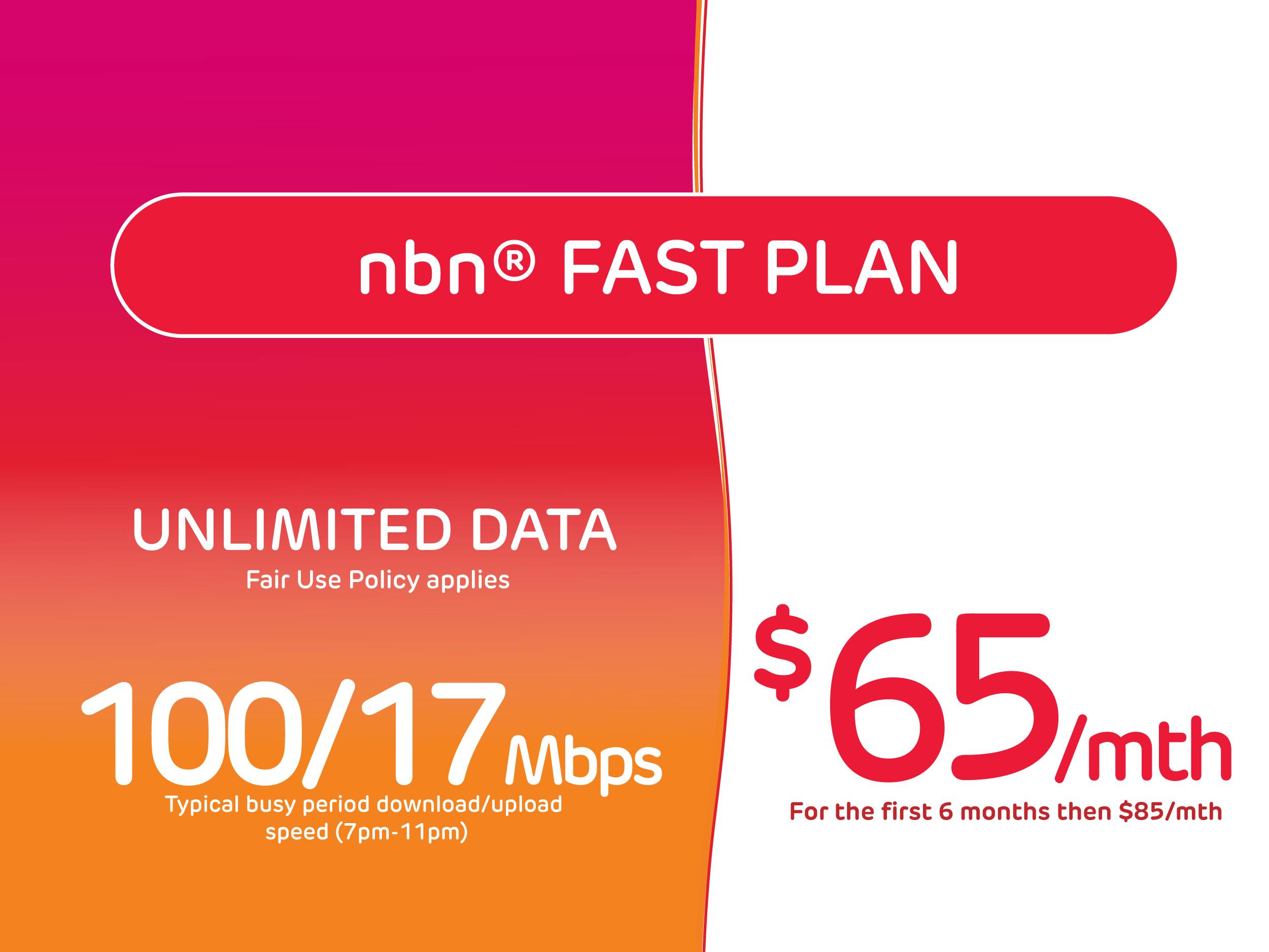 Promotional advertisement for the nbn Fast Plan offering unlimited data at speeds of 100/17 Mbps during typical busy periods (7pm-11pm). The plan costs $65 per month for the first six months, then increases to $85 per month. The background blends from pink to orange, emphasising the plan's details clearly with large, bold text.