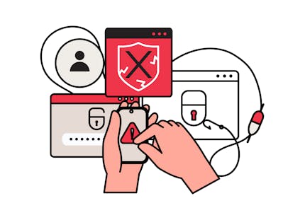 Fingers pressing a warning icon on a phone sitting above a fishing line and two more computer windows. All illustrated with red as the main colour. 