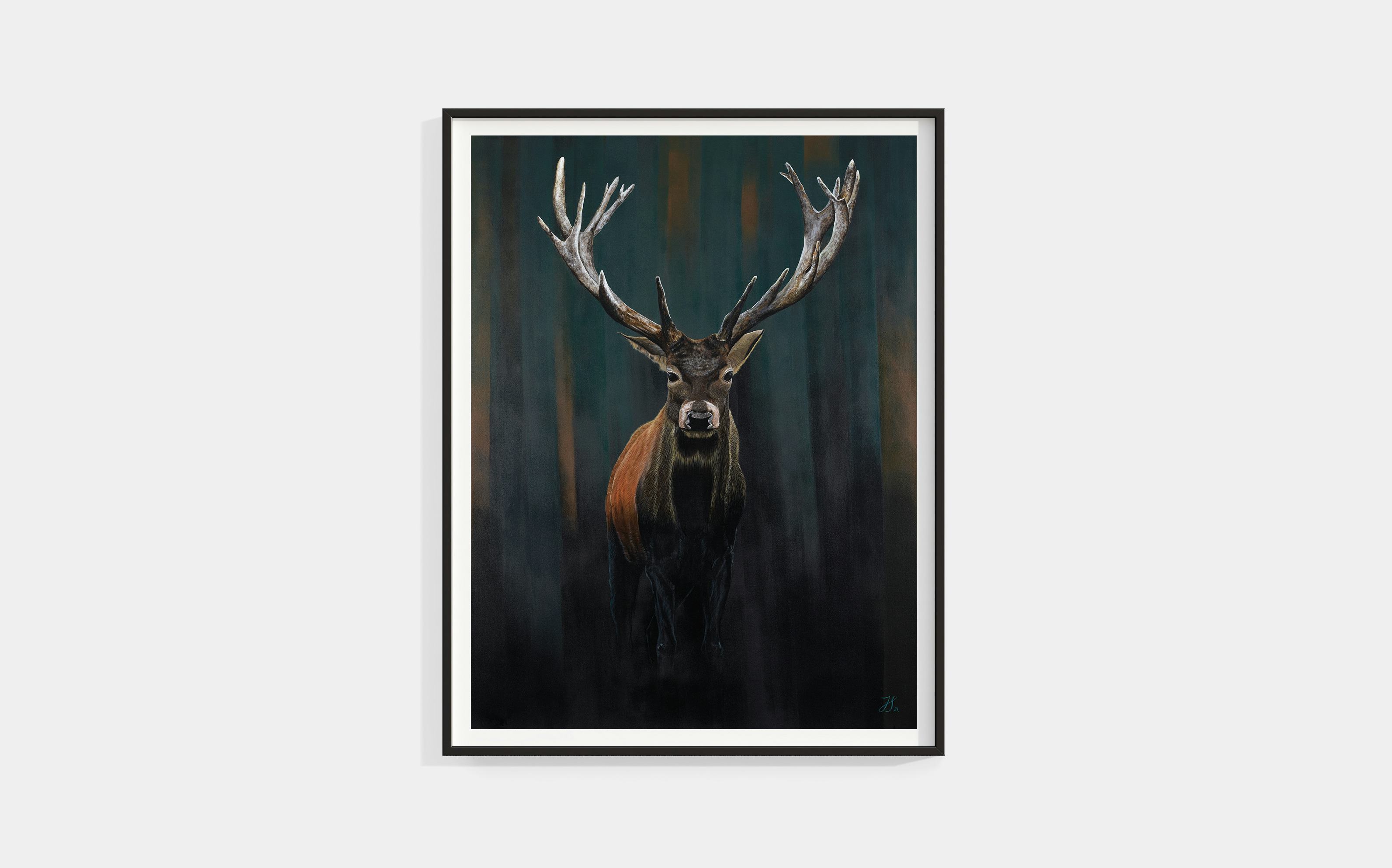 Framed painting of a New Zealand red stag on a dark background.