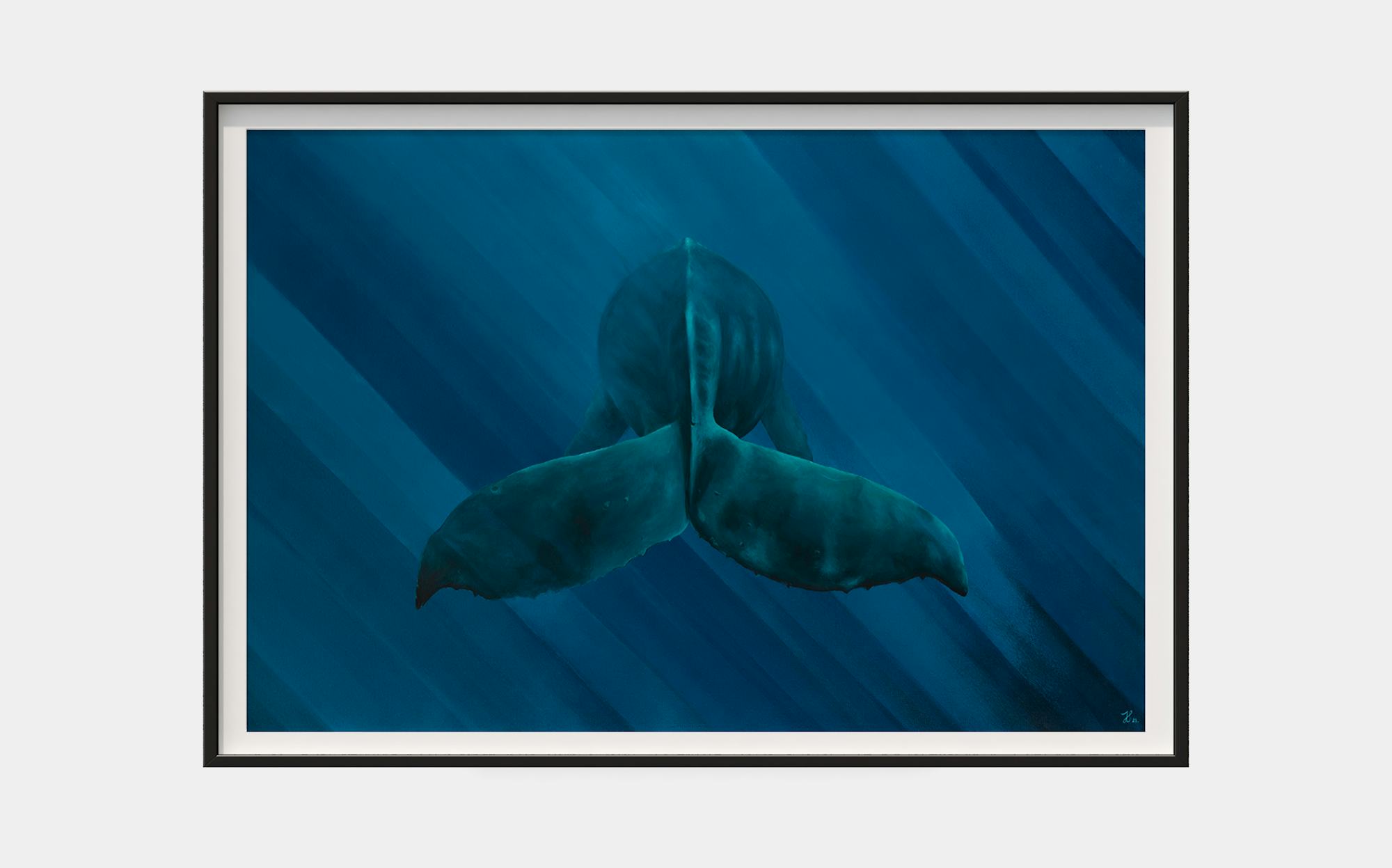 Framed high quality print of a humpback whale tale floating in the ocean.