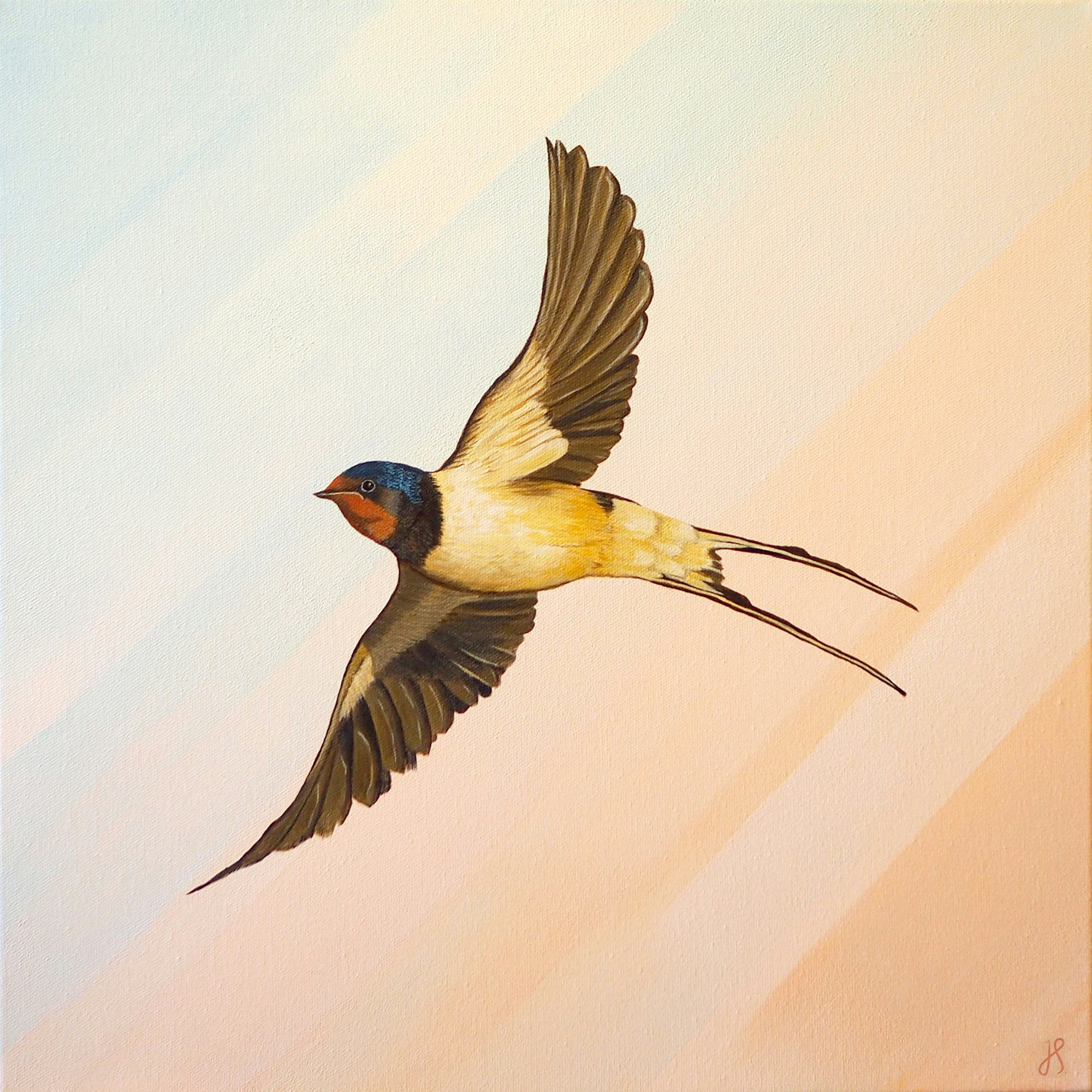 A painting of a welcome swallow with its wings spread, on an abstract pastel background.