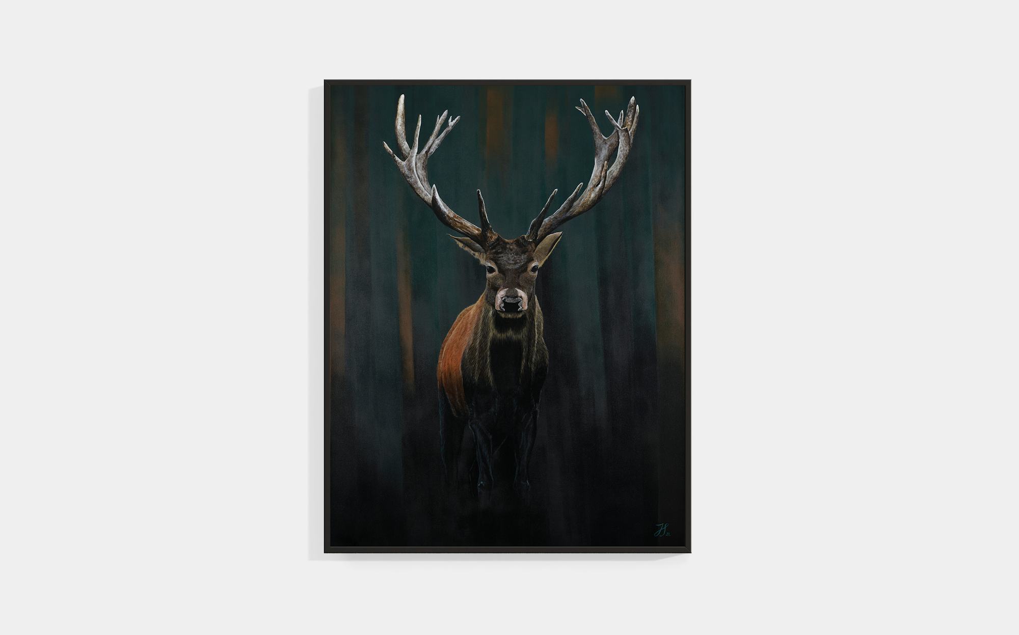 Original painting of a NZ red stag on an abstract, dark background.