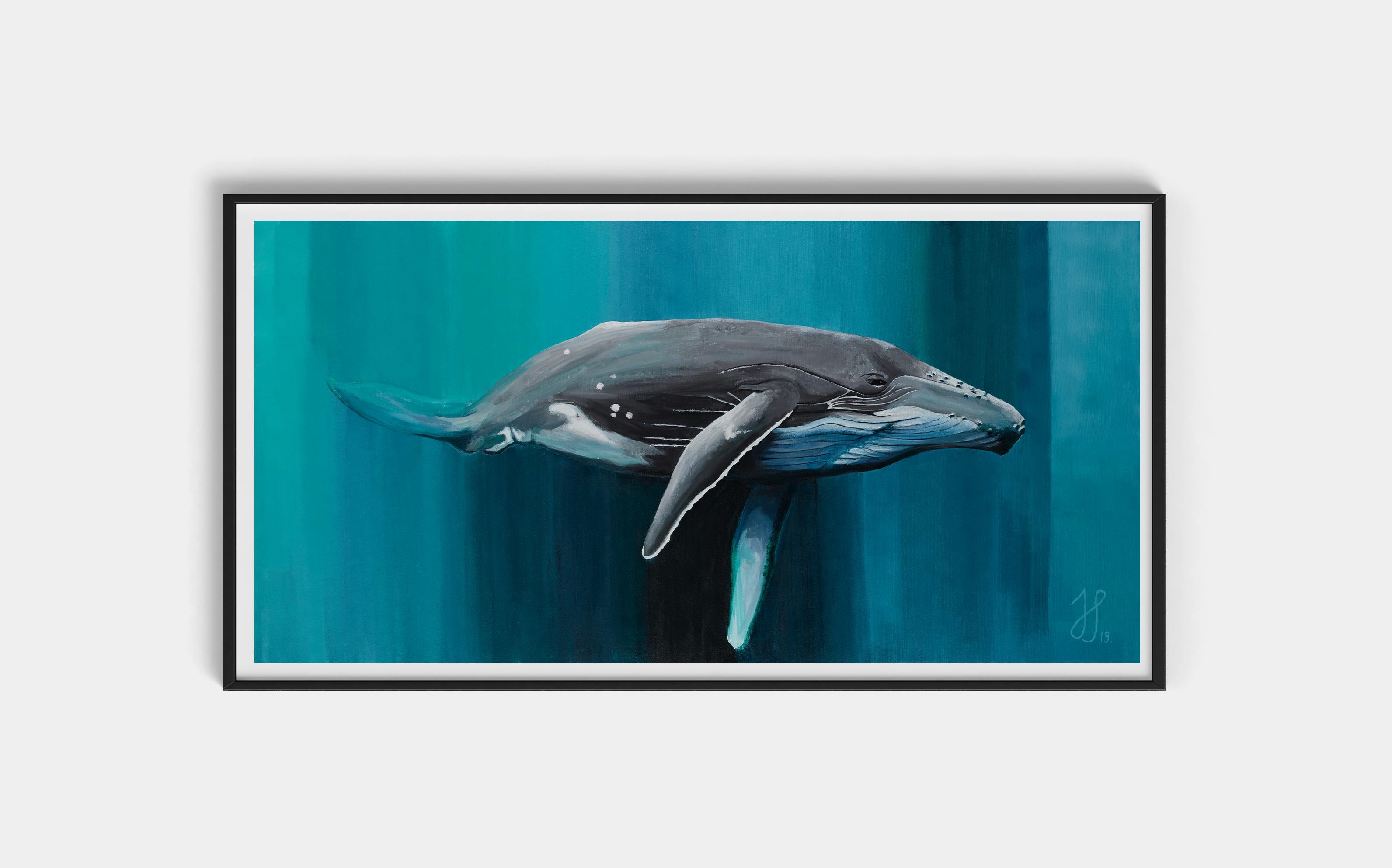 Framed painting of a whale painting floating through an abstract water background.
