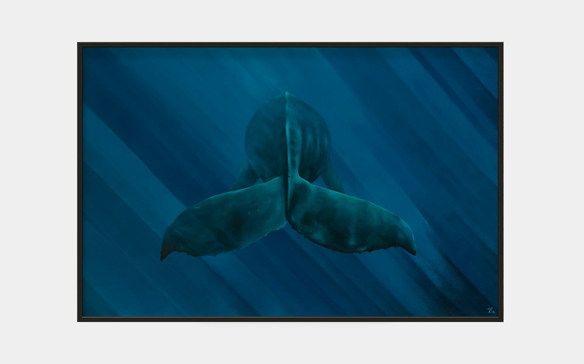 Calming acrylics on canvas painting of a whale floating in the ocean.