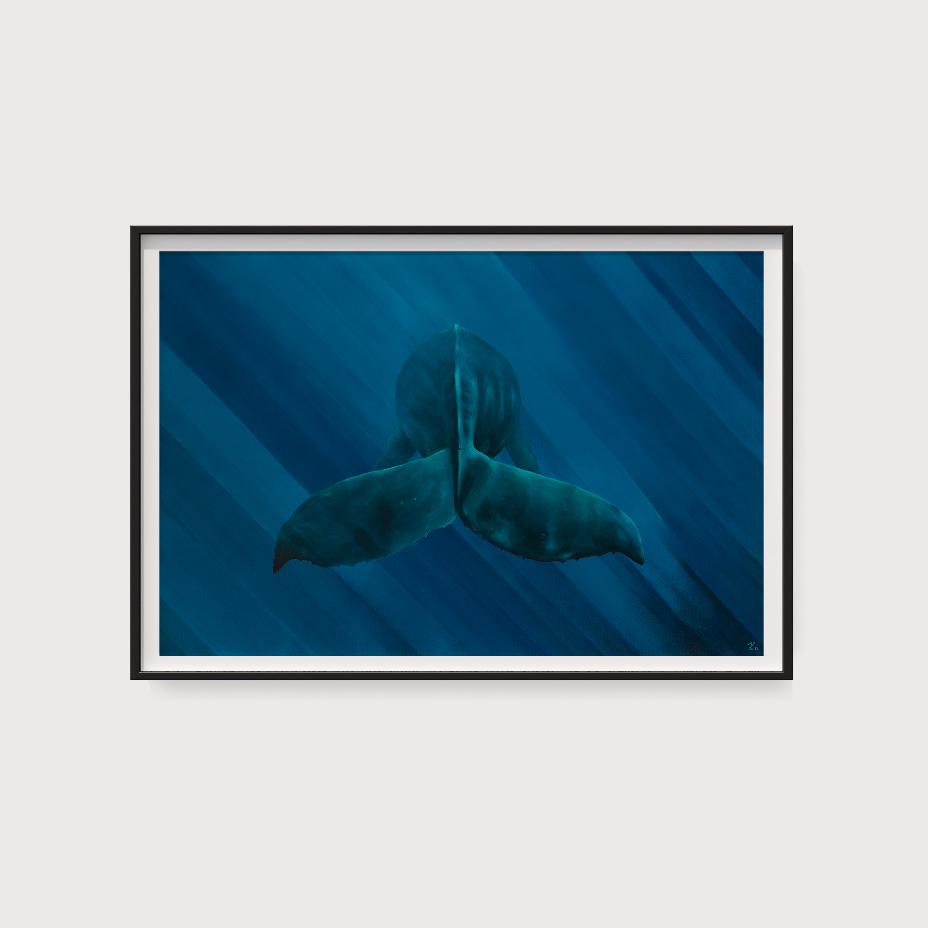 Framed high quality print of a humpback whale tale floating in the ocean.