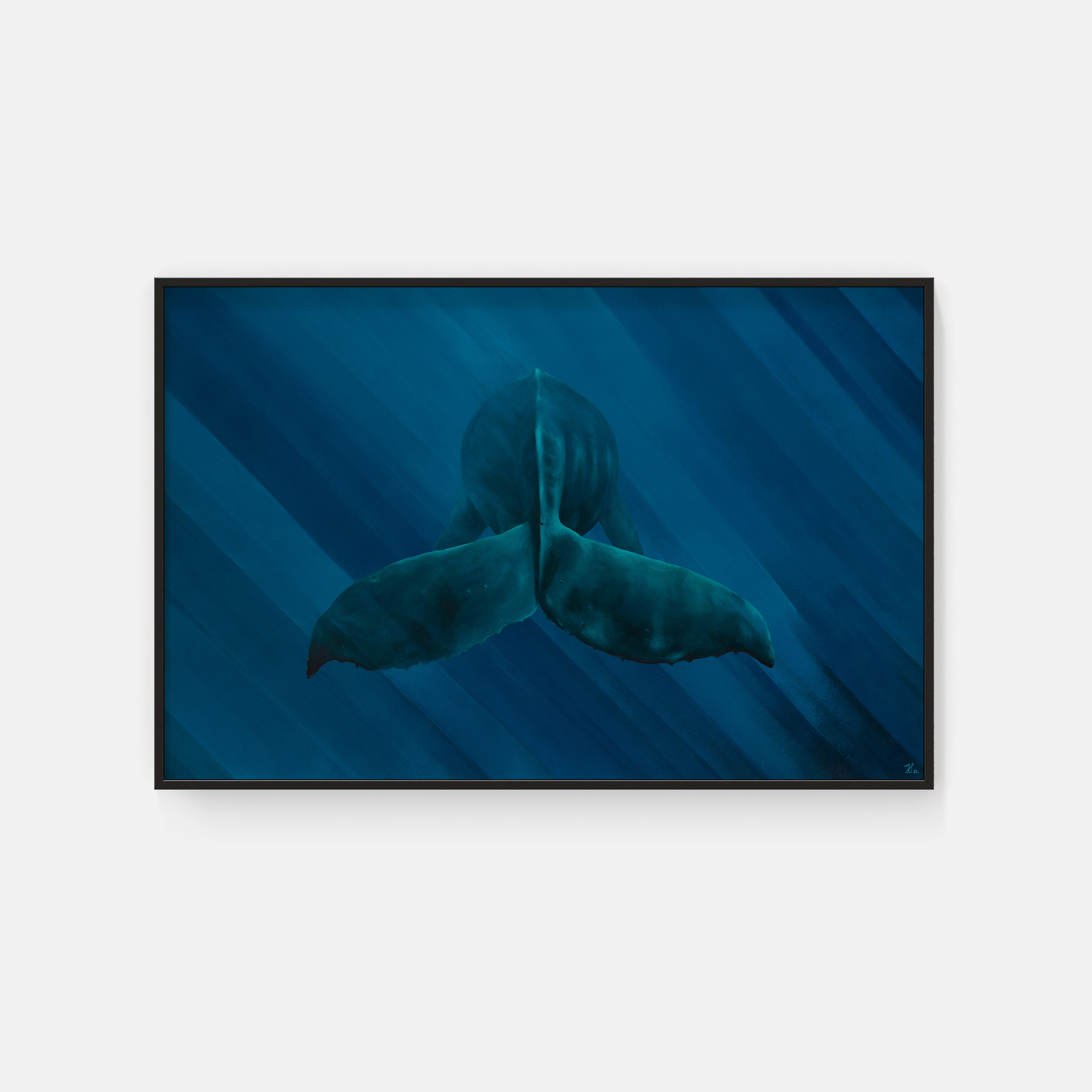 Calming acrylics on canvas painting of a whale floating in the ocean.