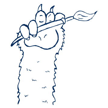 An illustrated paw holding a brush in the air.