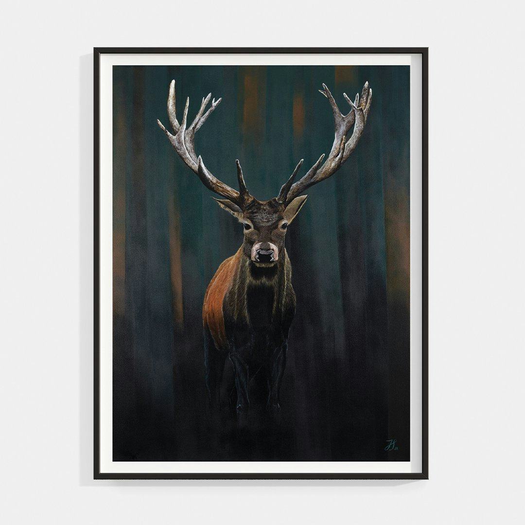 Framed painting of a New Zealand red stag on a dark background.