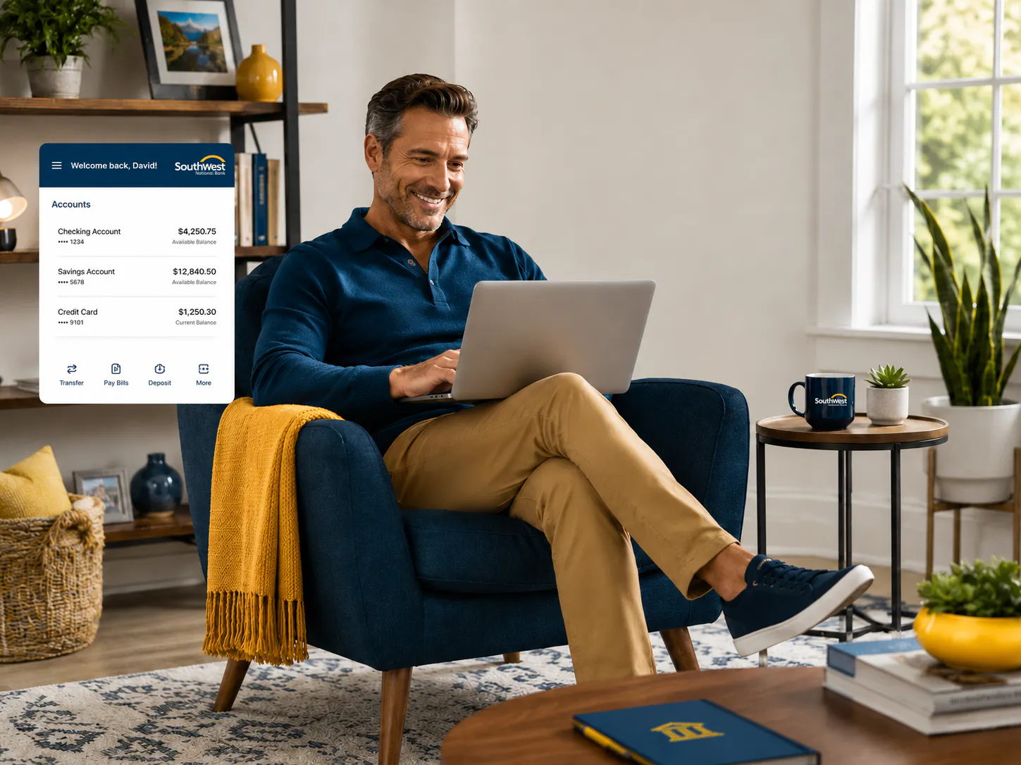 Southwest National Bank customer using the mobile banking app