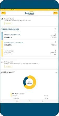 Southwest National Bank mobile app dashboard