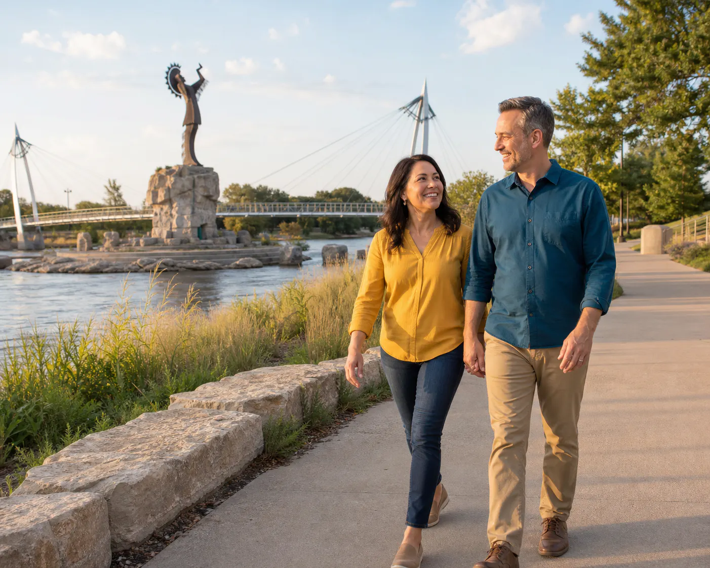 A couple walking near a fountain
