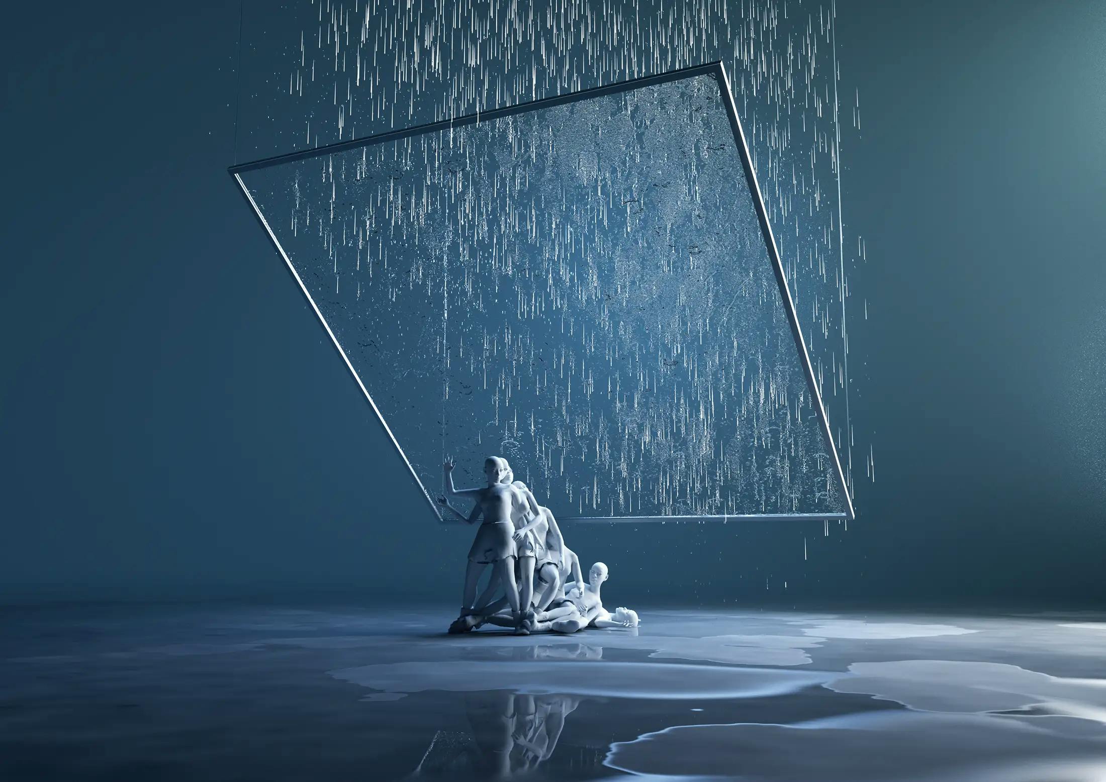 Floating glass panel hanging over dancers whilst rain splashes onto glass