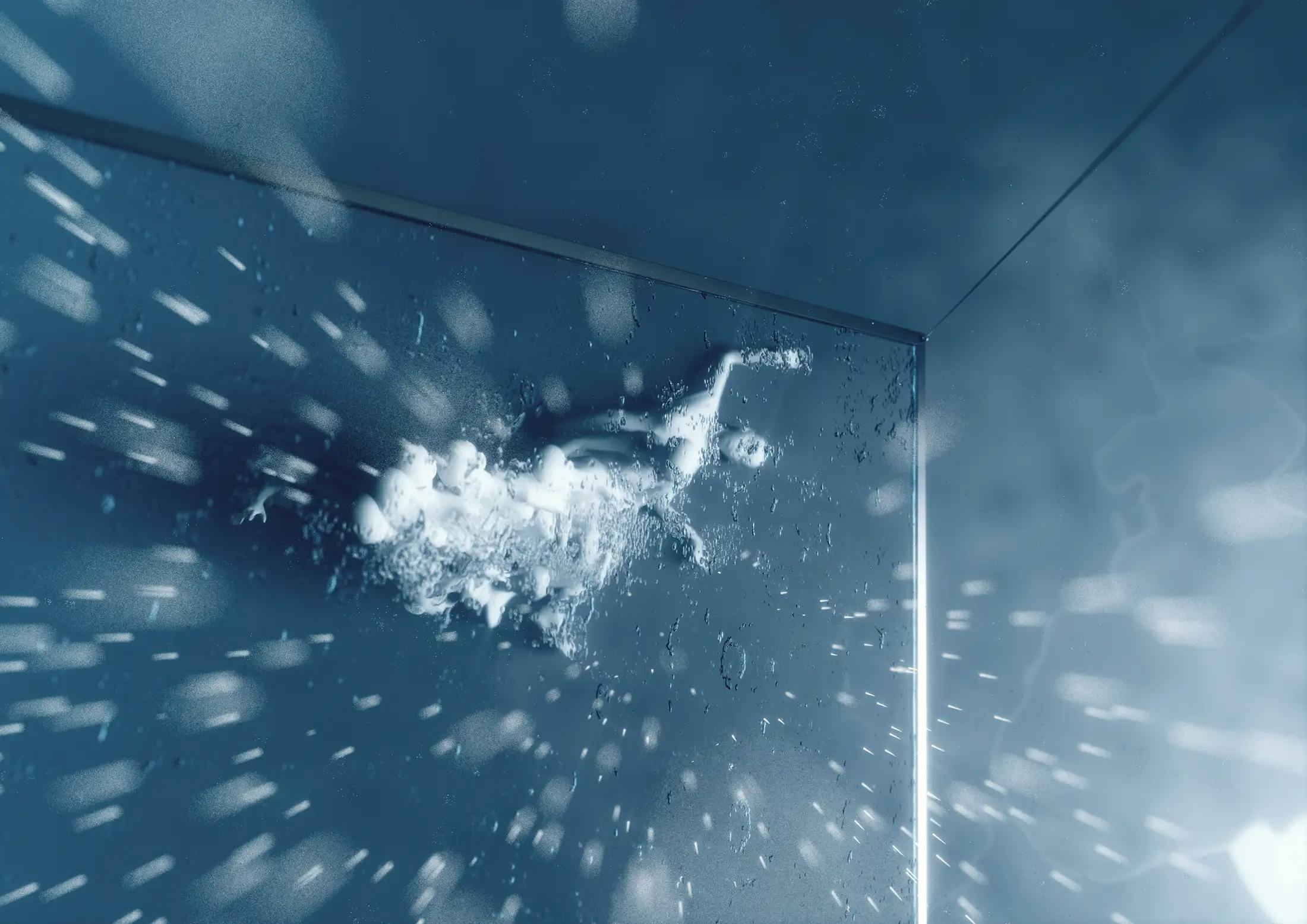 Floating glass panel hanging over dancers whilst rain splashes onto glass