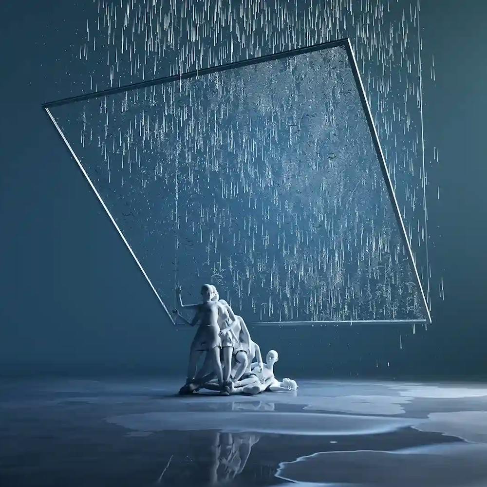 Floating glass panel hanging over dancers whilst rain splashes onto glass