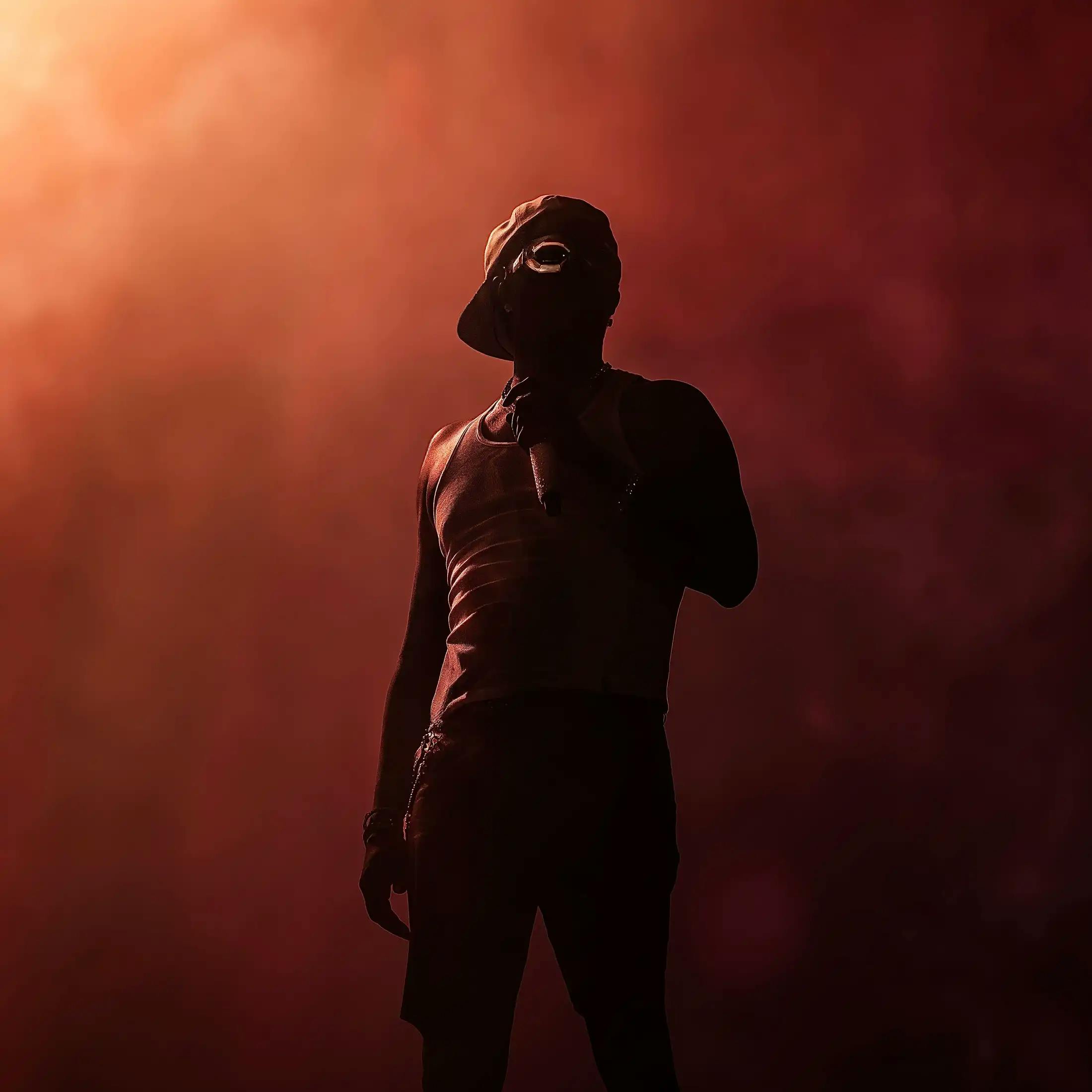 Young Thug silhouetted against a orange hazy background