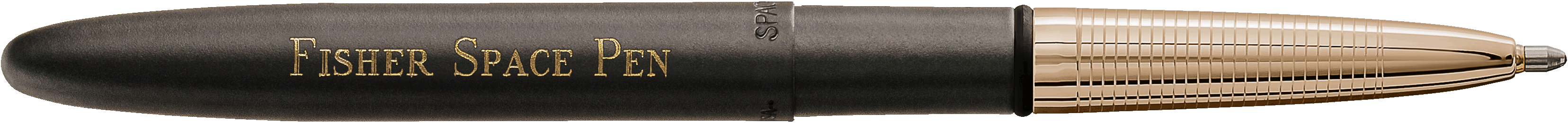 Open matte black bullet with Fisher Space Pen engraving in the left handed direction