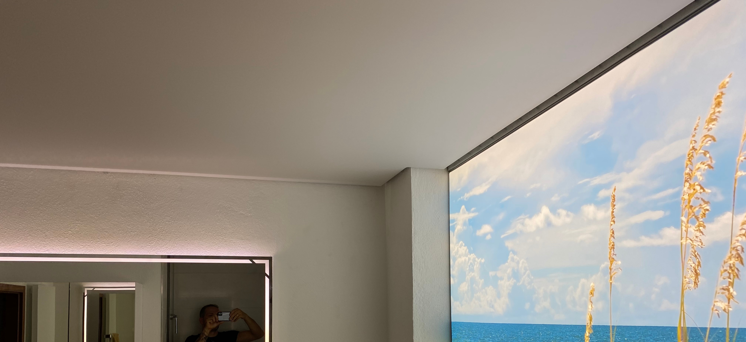 bedruckte Spanndecke an einer Wand in einem Badezimmer - Badezimmerdecke renovieren