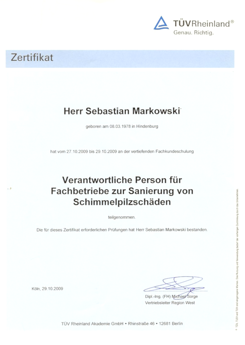 Ein Zertifikat - Gutachten - Spanndecken Markowski GmbH