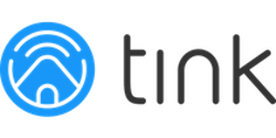 tink Logo Schwarze Schrift und blaues Smart Home Zeichen auf weißem Hintergrund